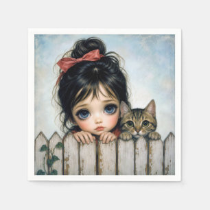 Serviette En Papier Petite Fille avec Grands Yeux et Chat de Compagnie