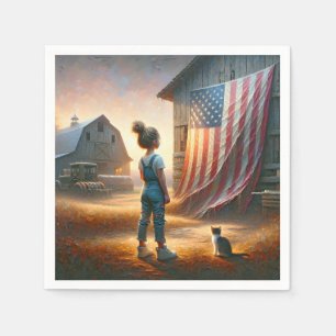 Serviette En Papier Petite fille avec un drapeau américain sur une gra