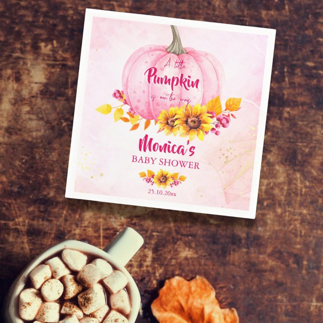 Serviette En Papier Petite fille citrouille rose baby shower (Little pumpkin baby shower tableware personalized napkins pink pumpkin sunflowers autumn foliage )