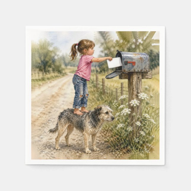 Serviette En Papier Petite fille envoyant une carte (Devant)
