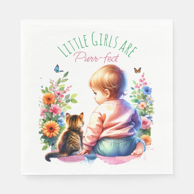 Serviette En Papier Petite fille et chaton | Baby shower aquarelle (Devant)