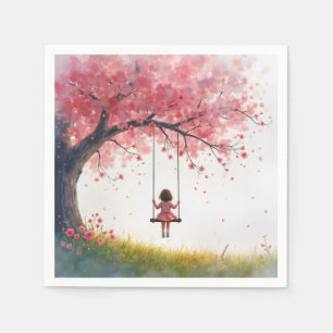 Serviette En Papier Petite fille sur une aile de cerisier