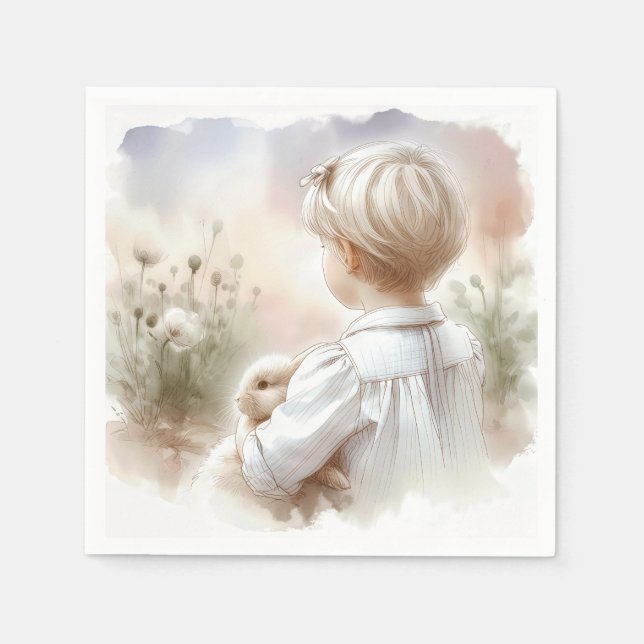 Serviette En Papier Petite fille tenant un lapin (Devant)