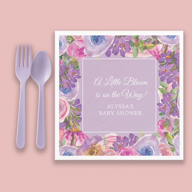 Serviette En Papier Petite Fleur Purple Rose Floral Baby Girl Douche (Pink and purple watercolor floral "A little bloom" baby girl shower paper napkins)