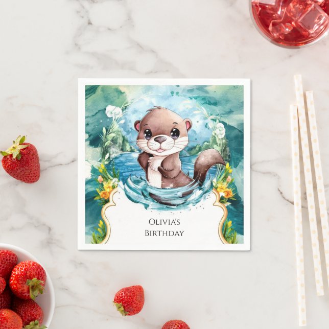 Serviette En Papier Petite Otter colorée Anniversaire (En situation)