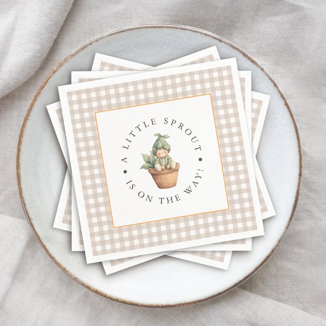 Serviette En Papier Petite pousse Fête de bébé Gingham Beige Neutre (Créateur téléchargé)
