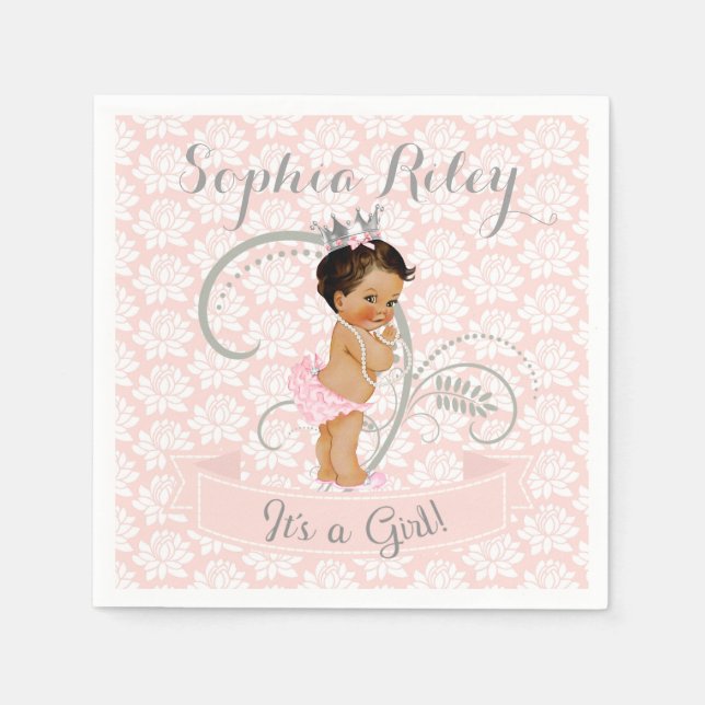 Serviette En Papier Petite Princesse Bébé Fille Rose Pâle & Argent (Devant)
