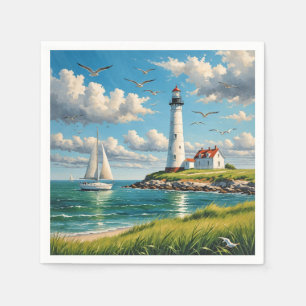 Serviette En Papier Phare Blanc Avec Voilier