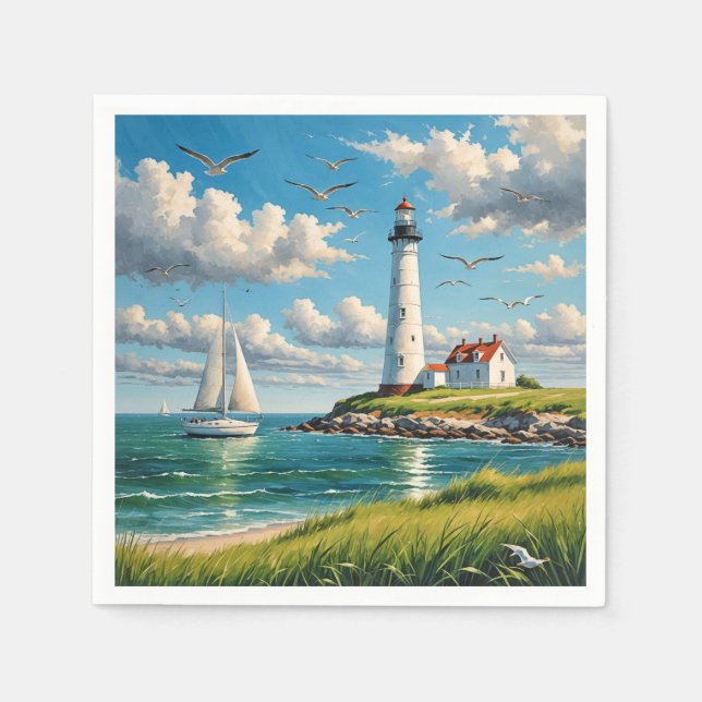 Serviette En Papier Phare Blanc Avec Voilier (Devant)
