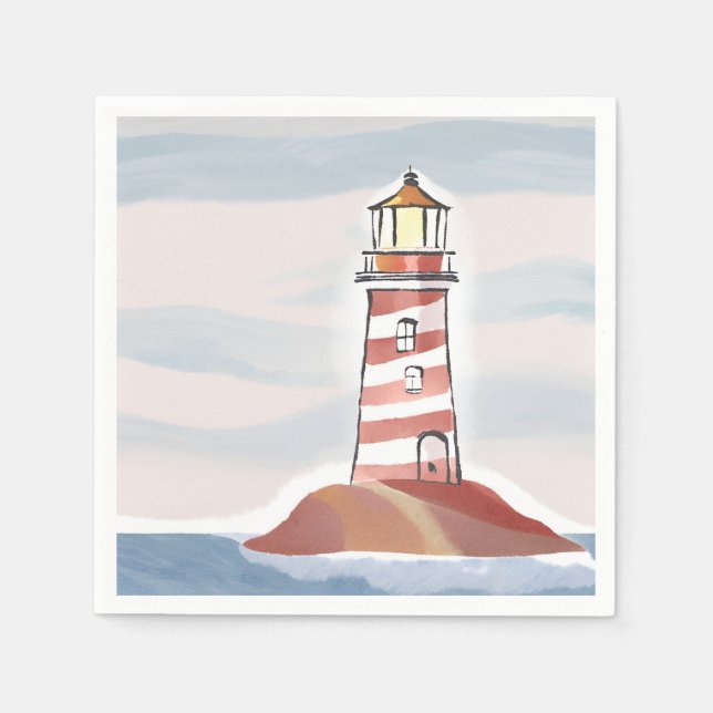 Serviette En Papier Phare classique | Aquarelle côtière océanique (Devant)