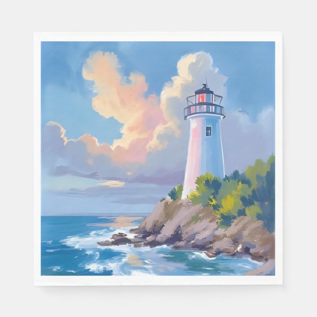 Serviette En Papier Phare côtier | Mer aux vagues de l'océan bleu (Devant)