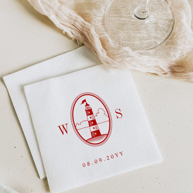 Serviette En Papier Phare de Beach | Monogramme rouge Crimson (Créateur téléchargé)