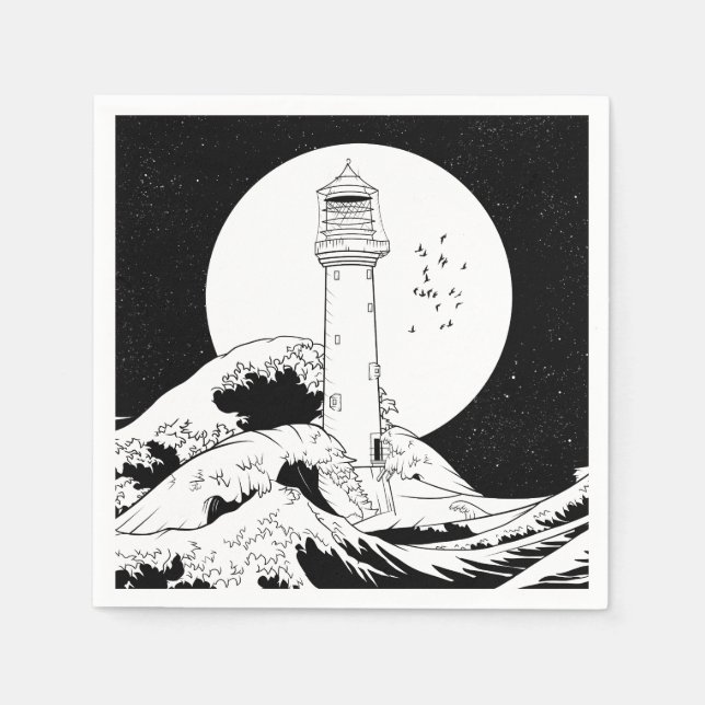 Serviette En Papier Phare de Bell Rock noir et blanc (Devant)
