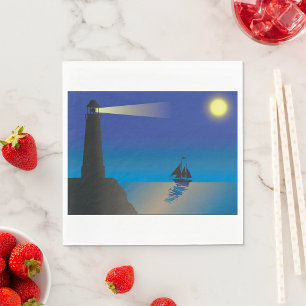 Serviette En Papier Phare et voilier la nuit Océan éclairé par la lune