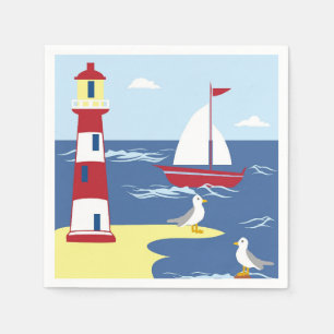 Serviette En Papier Phare mignon et bateau bord de mer Art