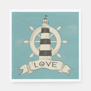 Serviette En Papier Phare Nautique Vintage et Roue de Bateau Bleue