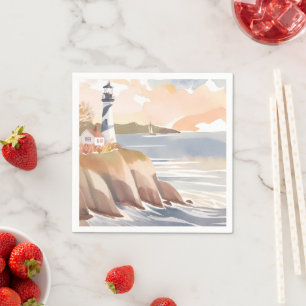 Serviette En Papier Phare sur la Côte   Océan à l'aquarelle