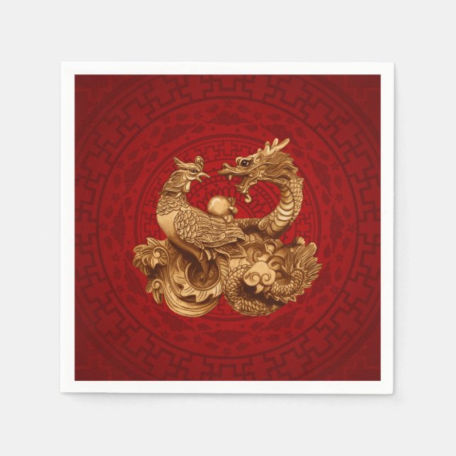 Serviette En Papier Phoenix et Dragon - en rouge (Devant)