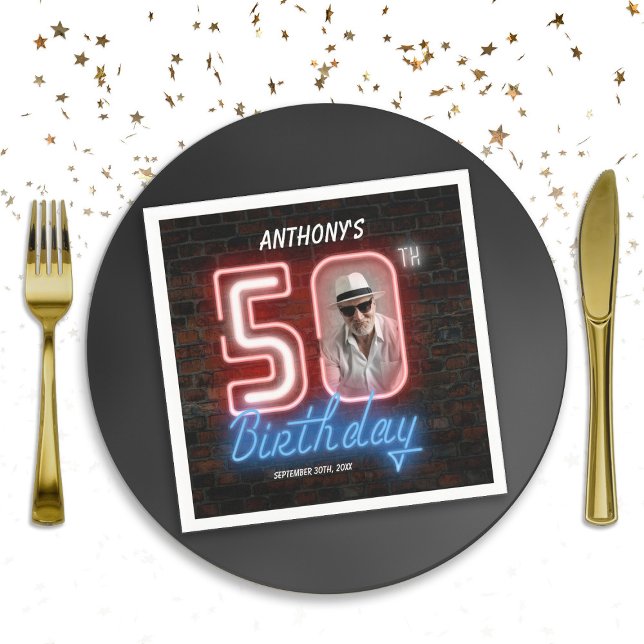 Serviette En Papier Photo 80s Retro Neon Symbole 50e anniversaire (50th Birthday 80s Retro Neon Sign Party Photo Napkins
)