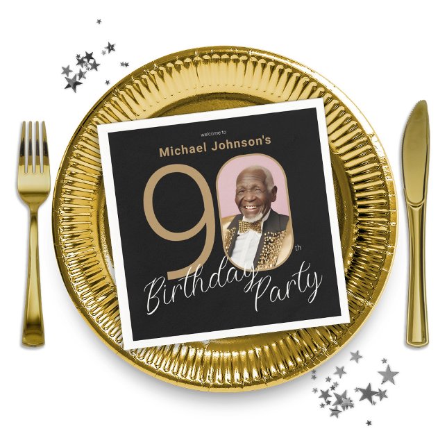 Serviette En Papier Photo 90th Birthday Gold Black Elegant Custom (Photo 90th Birthday Gold Black Elegant Custom Napkins)