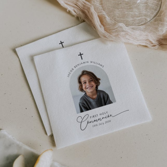 Serviette En Papier Photo Arched First Communion Boy (Zazzle Arched Photo First Communion Boy Napkins)