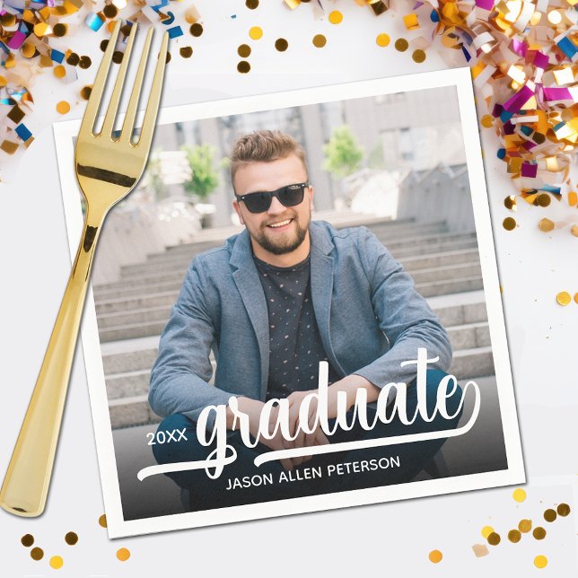 Serviette En Papier Photo Bold Graduate Script Graduate Party (Your photo, name, class year and "Graduate" in a cool script graduation party napkins)