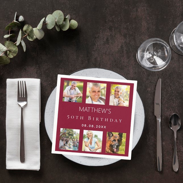 Serviette En Papier Photo collage bordeaux fête d'anniversaire (Créateur téléchargé)