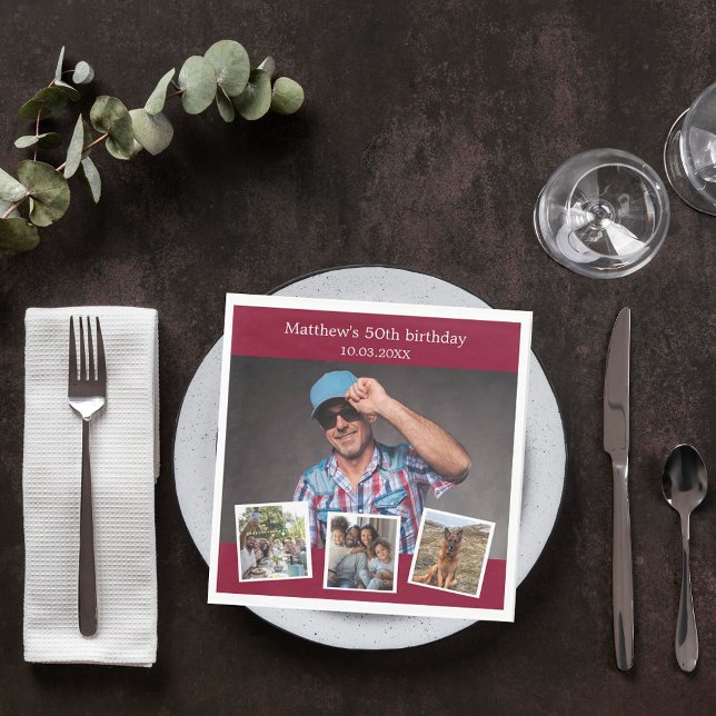 Serviette En Papier Photo collage bordeaux fête d'anniversaire (Créateur téléchargé)