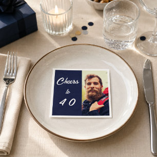 Serviette En Papier Photo d'anniversaire bleue acclamations hommes