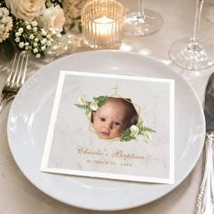 Serviette En Papier Photo de baptême en marbre floral lys calla dorés