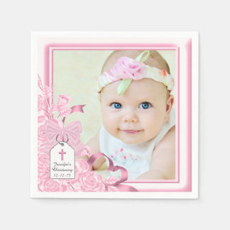 Serviette En Papier Photo de baptême Rose Rose Élégante