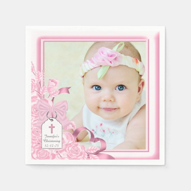 Serviette En Papier Photo de baptême Rose Rose Élégante (Devant)