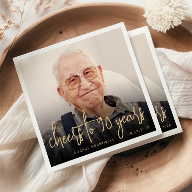 Serviette En Papier Photo de fête d'anniversaire 90 ans Cheers Script  (Créateur téléchargé)