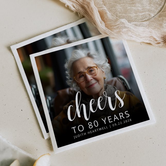 Serviette En Papier Photo de fête des 80 ans écriture blanche Cheers (Créateur téléchargé)