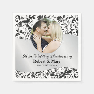 Serviette En Papier Photo de l'anniversaire du Mariage Black Swirl & S