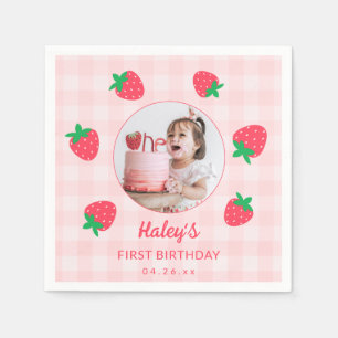 Serviette En Papier Photo de premier anniversaire de bébé rose fraise