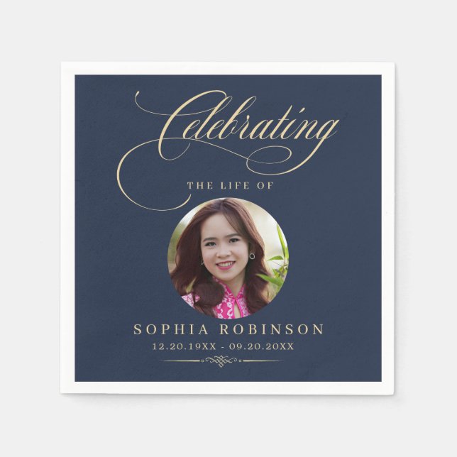 Serviette En Papier Photo Elegant Blue Gold Script Funeral Memorial  (Devant)