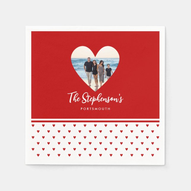 Serviette En Papier Photo Familiale Personnalisée Cadre Coeur Rouge Mo (Devant)