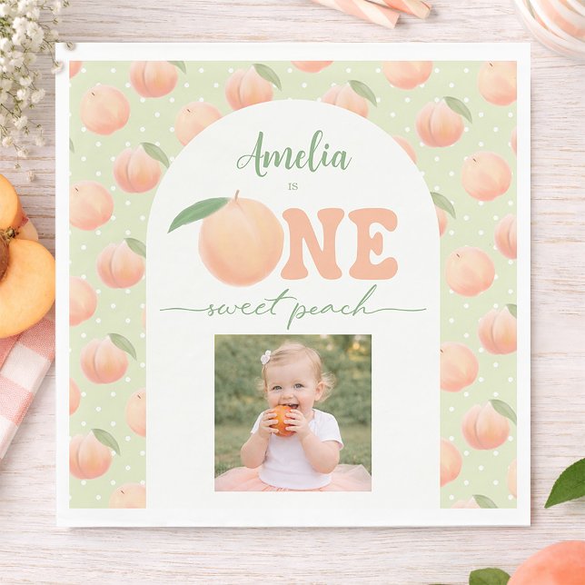 Serviette En Papier Photo First Birthday Party One Sweet Peach Party (Photo First Birthday Party One Sweet Peach Party Napkins)