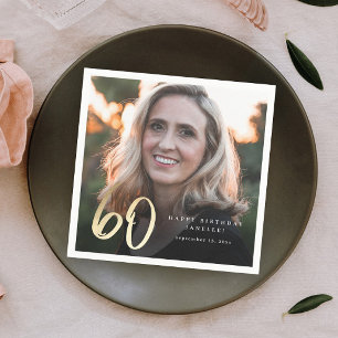 Serviette En Papier Photo moderne 60e anniversaire Script noir & or