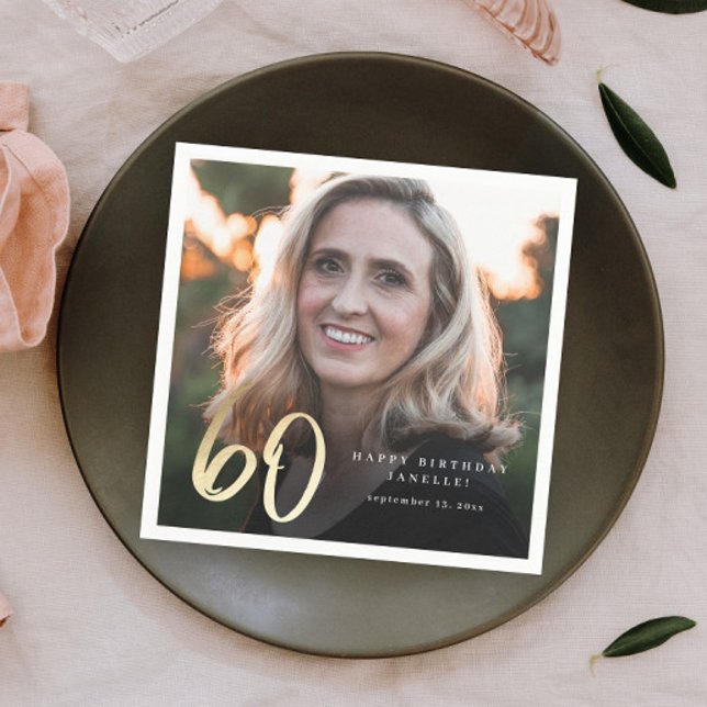 Serviette En Papier Photo moderne 60e anniversaire Script noir & or (Créateur téléchargé)