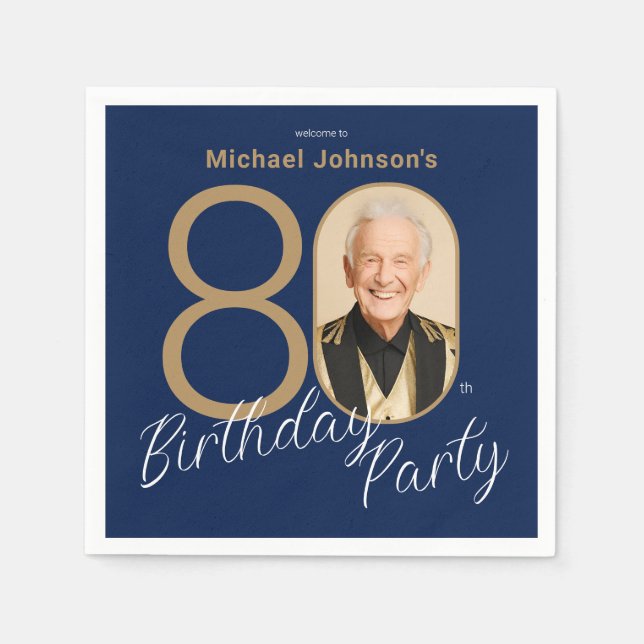 Serviette En Papier Photo Navy Blue Gold Elegant Custom 80th Birthday  (Devant)