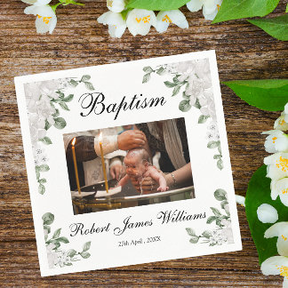 Serviette En Papier Photo personnalisée Fleurs blanches Christening Ba