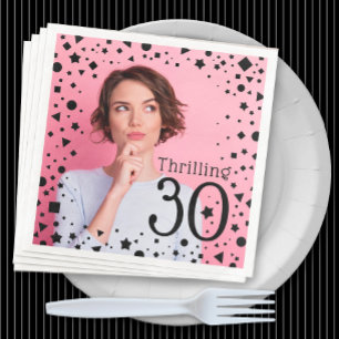 Serviette En Papier Photo personnalisée Pink Noir Confetti 30e anniver