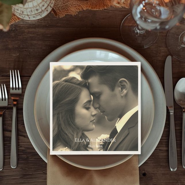 Serviette En Papier Photo Vintage (Vintage Style Sepia Photo Overlay Names Date Napkins)