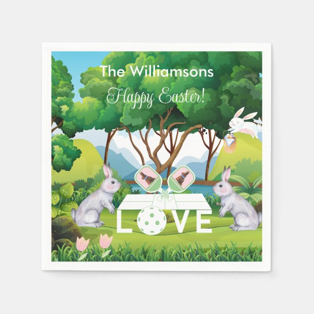Serviette En Papier Pickleball Bunnies Amusants Pâques heureux (Devant)