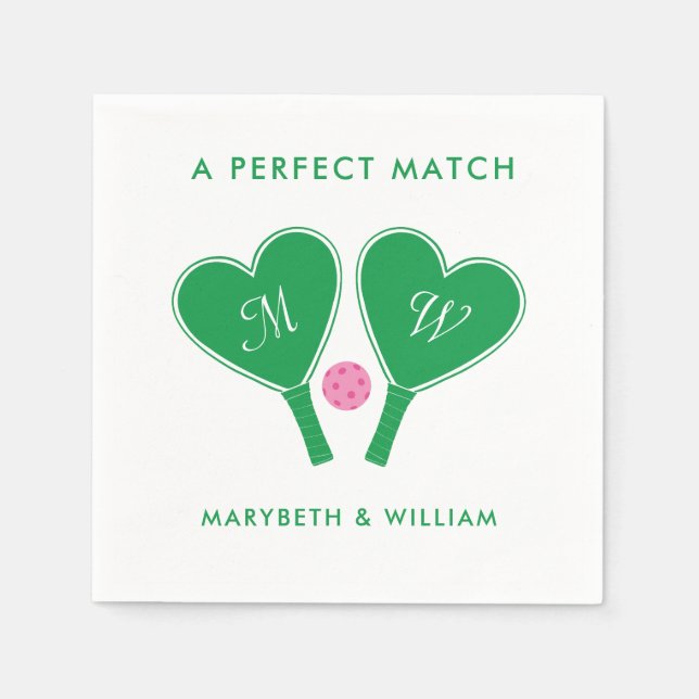 Serviette En Papier Pickleball Mariage rose et vert Preppy (Devant)