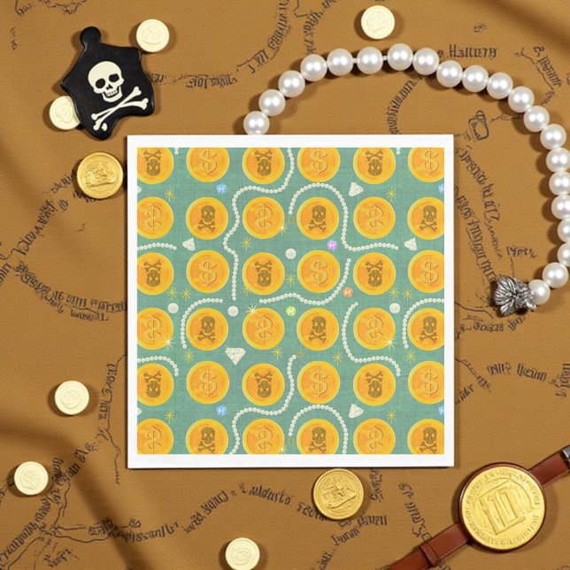 Serviette En Papier Pièces de pirate d'or et Motif de perles (Golden pirate coins and pearls napkin, perfect for kids’ pirate parties and treasure themes.)