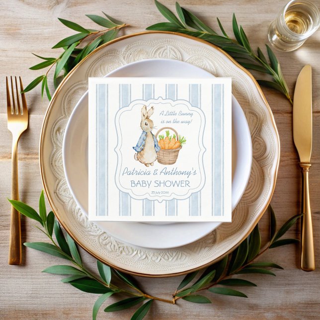 Serviette En Papier Pierre lapin bleu poussiéreux rayures baby shower  (Peter rabbit dusty blue stripes baby shower monogrammed  napkins personalized table decor)