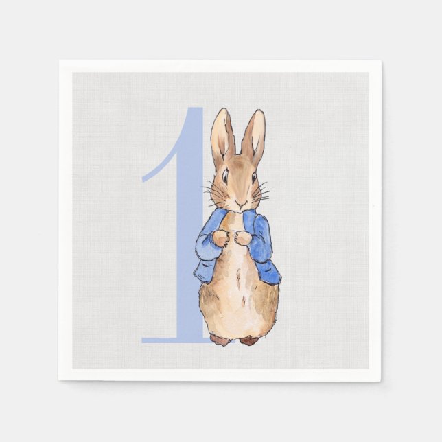 Serviette En Papier Pierre le lapin Premier anniversaire lin gris (Devant)